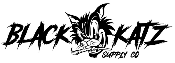 Black Katz Supply Co logo with stylized text and a cartoon cat face on a white background